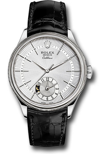 Rolex Cellini Dual Time Watch - White Gold - Silver Dial - Black Leather Strap