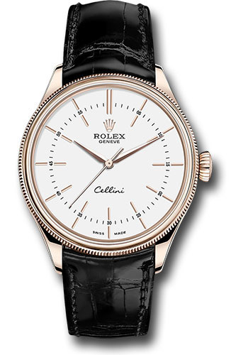 Rolex Cellini Time Watch - Everose - White Dial - Black Leather Strap