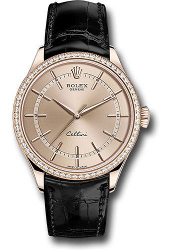 Rolex Cellini Time Watch - Everose - Pink Dial - Black Leather Strap