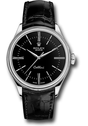 Rolex Cellini Time Watch - White Gold - Black Dial - Black Leather Strap