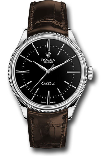 Rolex Rolex Cellini Time Watch - White Gold - Black Dial - Brown Leather Strap