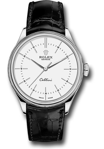 Rolex Cellini Time Watch - White Gold - White Dial - Black Leather Strap