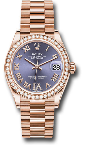 Rolex Everose Gold Datejust 31 Watch - Diamond Bezel - Aubergine Diamond Six Dial - President Bracelet
