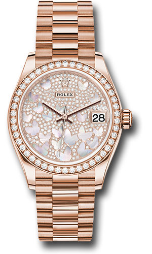 Rolex Everose Gold Datejust 31 Watch - Diamond Bezel - Diamond Paved Butterfly Dial - President Bracelet