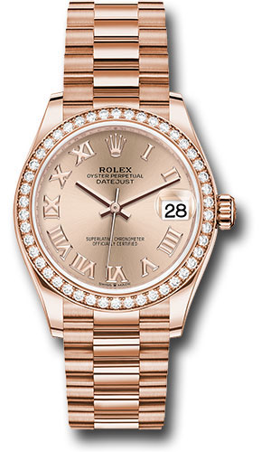 Rolex Everose Gold Datejust 31 Watch - Diamond Bezel - Rosé Roman Dial - President Bracelet