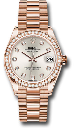 Rolex Everose Gold Datejust 31 Watch - Diamond Bezel - Silver Diamond Dial - President Bracelet