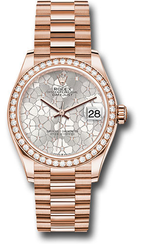 Rolex Everose Gold Datejust 31 Watch - Diamond Bezel - Silver Floral Motif Diamond Dial - President Bracelet