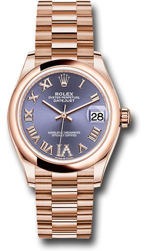 Rolex Everose Gold Datejust 31 Watch - Domed Bezel - Aubergine Diamond Six Dial - President Bracelet