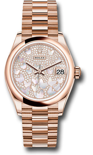 Rolex Everose Gold Datejust 31 Watch - Domed Bezel - Diamond Paved Butterfly Dial - President Bracelet
