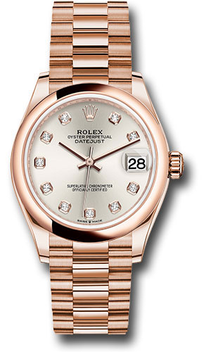 Rolex Everose Gold Datejust 31 Watch - Domed Bezel - Silver Diamond Dial - President Bracelet