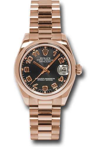 Rolex Pink Gold Datejust 31 Watch - Domed Bezel - Black Arabic Dial - President Bracelet