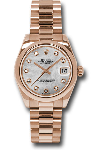 Rolex Pink Gold Datejust 31 Watch - Domed Bezel - Mother-Of-Pearl Diamond Dial - President Bracelet