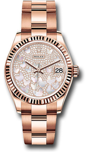 Rolex Everose Gold Datejust 31 Watch - Fluted Bezel - Diamond Paved Butterfly Dial - Oyster Bracelet