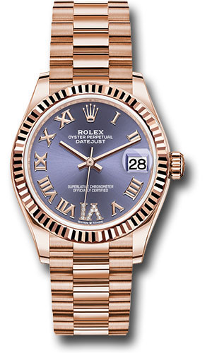 Rolex Everose Gold Datejust 31 Watch - Fluted Bezel - Aubergine Diamond Six Dial - President Bracelet