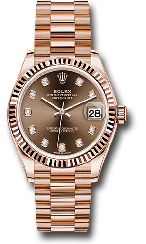 Rolex Everose Gold Datejust 31 Watch - Fluted Bezel - Chocolate Diamond Dial - President Bracelet