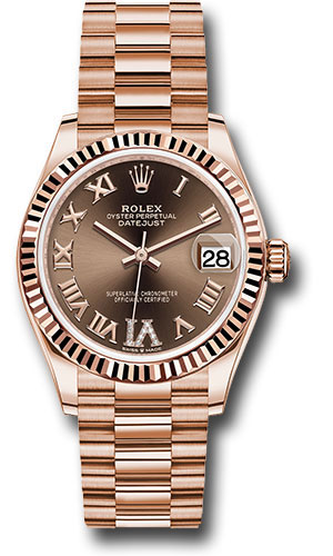 Rolex Everose Gold Datejust 31 Watch - Fluted Bezel - Chocolate Diamond Six Dial - President Bracelet
