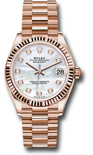 Rolex Everose Gold Datejust 31 Watch - Fluted Bezel - Silver Diamond Dial - President Bracelet