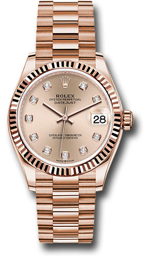 Rolex Everose Gold Datejust 31 Watch - Fluted Bezel - Rosé Diamond Dial - President Bracelet