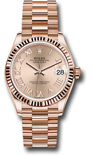 Rolex Everose Gold Datejust 31 Watch - Fluted Bezel - Rosé Roman Dial - President Bracelet