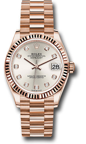 Rolex Everose Gold Datejust 31 Watch - Fluted Bezel - Silver Diamond Dial - President Bracelet