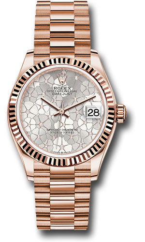 Rolex Everose Gold Datejust 31 Watch - Fluted Bezel - Silver Floral Motif Diamond Dial - President Bracelet