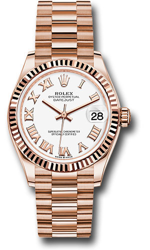 Rolex Everose Gold Datejust 31 Watch - Fluted Bezel - White Roman Dial - President Bracelet