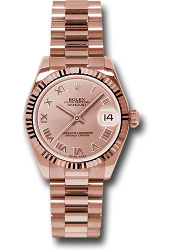 Rolex Pink Gold Datejust 31 Watch - Fluted Bezel - Pink Champagne Roman Dial - President Bracelet