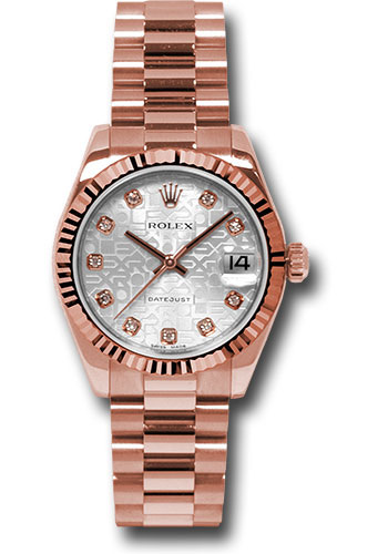 Rolex Pink Gold Datejust 31 Watch - Fluted Bezel - Silver Jubilee Diamond Dial - President Bracelet