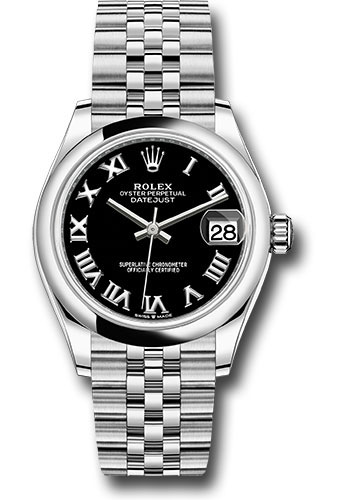 Rolex Steel and White Gold Datejust 31 Watch - Domed Bezel - Black Roman Dial - Jubilee Bracelet