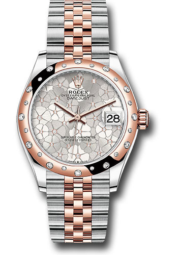 Rolex Everose Rolesor Datejust 31 Watch - Domed, Diamond Bezel - Silver Floral Motif Diamond Dial - Jubilee Bracelet