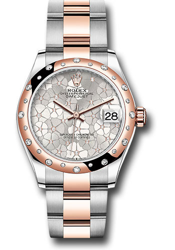 Rolex Everose Rolesor Datejust 31 Watch - Domed, Diamond Bezel - Silver Floral Motif Diamond Dial - Oyster Bracelet