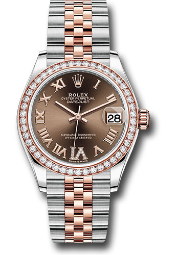 Rolex Steel and Everose Gold Datejust 31 Watch - 46 Diamond Bezel - Chocolate Diamond Roman VI Dial - Jubilee Bracelet
