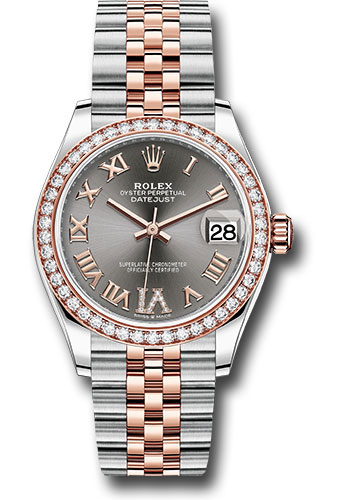 Rolex Steel and Everose Gold Datejust 31 Watch - 46 Diamond Bezel - Dark Rhodium Diamond Roman VI Dial - Jubilee Bracelet