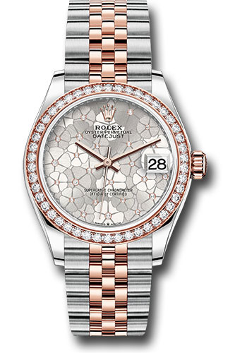Rolex Everose Rolesor Datejust 31 Watch - Diamond Bezel - Silver Floral Motif Diamond Dial - Jubilee Bracelet