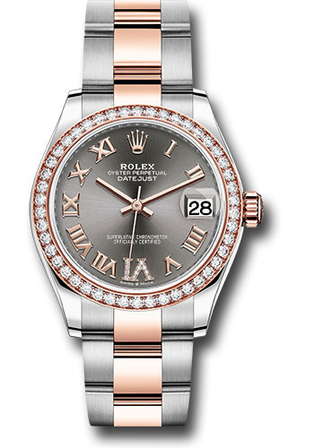 Rolex Steel and Everose Gold Datejust 31 Watch - 46 Diamond Bezel - Dark Rhodium Diamond Roman VI Dial - Oyster Bracelet