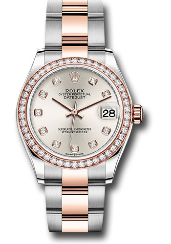 Rolex Steel and Everose Gold Datejust 31 Watch - 46 Diamond Bezel - Silver Diamond Dial - Oyster Bracelet