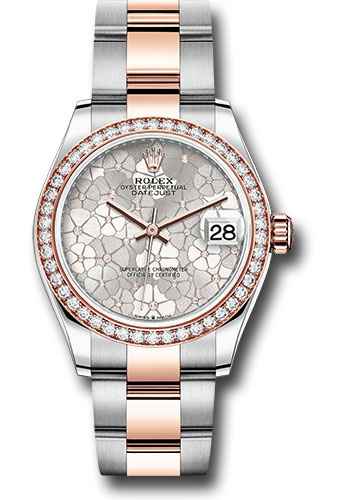 Rolex Everose Rolesor Datejust 31 Watch - Diamond Bezel - Silver Floral Motif Diamond Dial - Oyster Bracelet