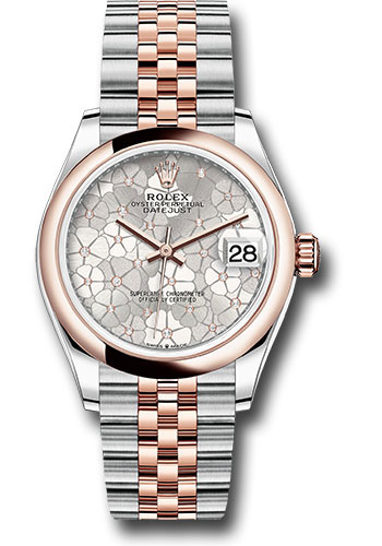 Rolex Everose Rolesor Datejust 31 Watch - Domed Bezel - Silver Floral Motif Diamond Dial - Jubilee Bracelet