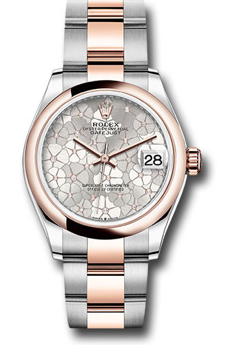 Rolex Everose Rolesor Datejust 31 Watch - Domed Bezel - Silver Floral Motif Diamond Dial - Oyster Bracelet