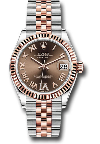 Rolex Steel and Everose Gold Datejust 31 Watch - Fluted Bezel - Dark Rhodium Diamond Roman VI Dial - Jubilee Bracelet