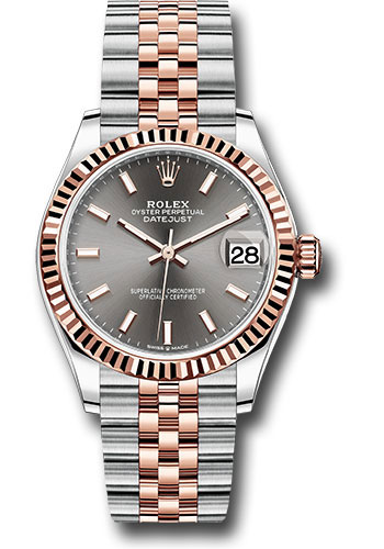 Rolex Steel and Everose Gold Datejust 31 Watch - Fluted Bezel - Dark Rhodium Index Dial - Jubilee Bracelet