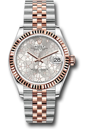 Rolex Everose Rolesor Datejust 31 Watch - Fluted Bezel - Silver Floral Motif Diamond Dial - Jubilee Bracelet