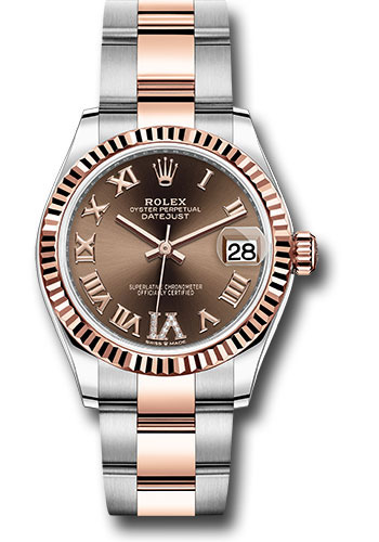 Rolex Steel and Everose Gold Datejust 31 Watch - Fluted Bezel - Dark Rhodium Diamond Roman VI Dial - Oyster Bracelet