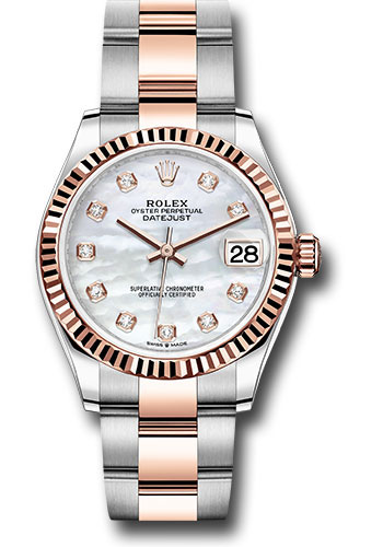 Rolex Steel and Everose Gold Datejust 31 Watch - Fluted Bezel - Silver Diamond Dial - Oyster Bracelet