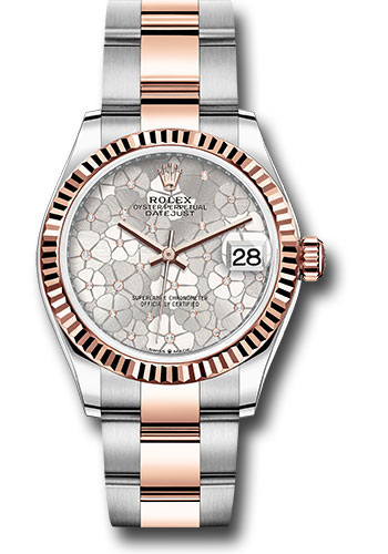 Rolex Everose Rolesor Datejust 31 Watch - Fluted Bezel - Silver Floral Motif Diamond Dial - Oyster Bracelet