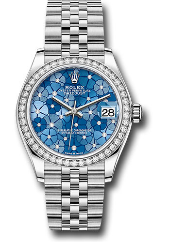 Rolex White Rolesor Datejust 31 Watch - Diamond Bezel - Azzurro Blue Floral Motif Diamond Dial - Jubilee Bracelet