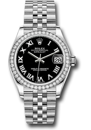 Rolex Steel and White Gold Datejust 31 Watch - Diamond Bezel - Black Roman Dial - Jubilee Bracelet