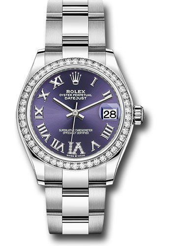 Rolex Steel and White Gold Datejust 31 Watch - Diamond Bezel - Aubergine Roman Diamond 6 Dial - Oyster Bracelet