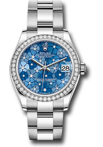Rolex White Rolesor Datejust 31 Watch - Diamond Bezel - Azzurro Blue Floral Motif Diamond Dial - Oyster Bracelet