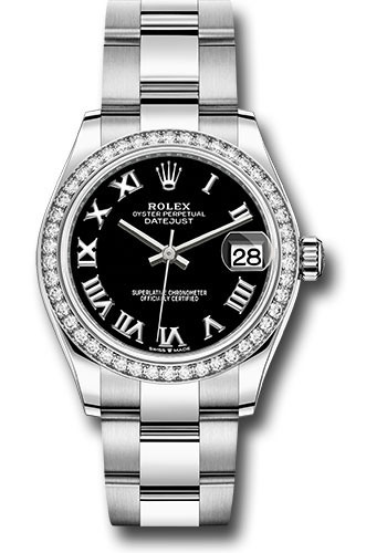 Rolex Steel and White Gold Datejust 31 Watch - Diamond Bezel - Black Roman Dial - Oyster Bracelet